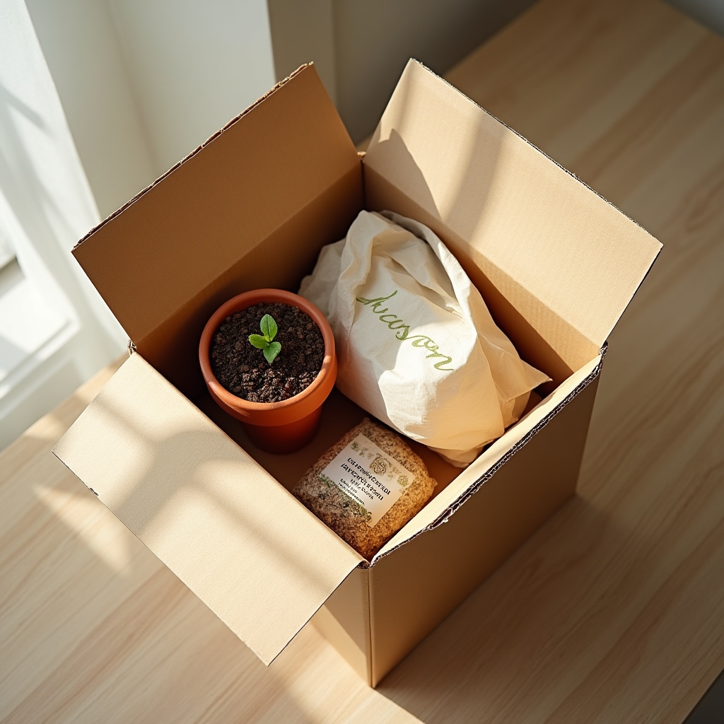 Geöffnete Verpackung eines Indoor-Garten-Sets mit Topf, Substrat und Anleitung