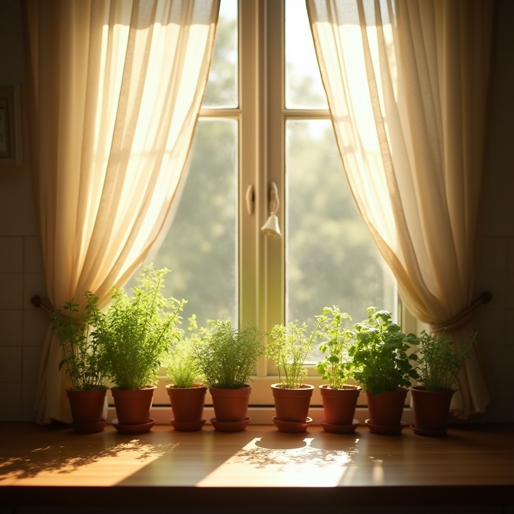 Sanftes Morgenlicht auf kleinen Kräutertöpfen an einem Küchenfenster