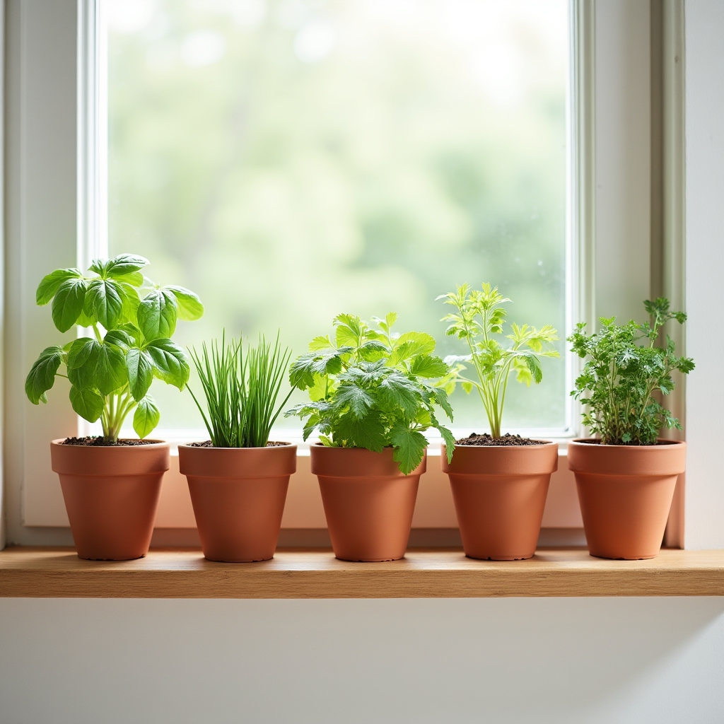 Flatlay mehrerer kleiner Pflanzgefäße mit Kräutern auf einer hellen Fensterbank